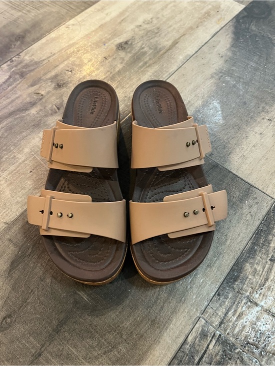 CROCS Shoes - Crocs Brooklyn Double Buckle Platform Sandals LITERIDE Cork Wedge Taupe Womens 8